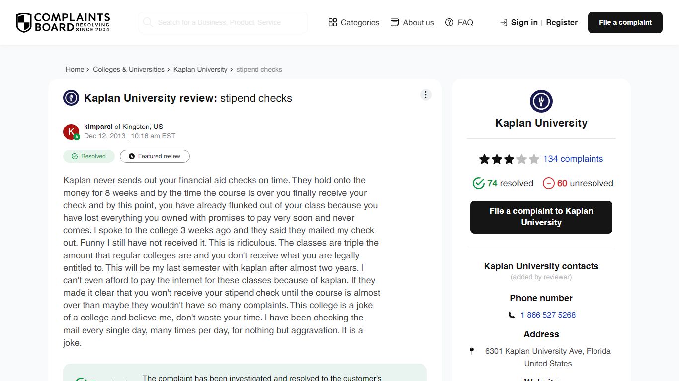 Kaplan University - stipend checks - ComplaintsBoard.com